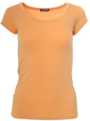 Easy Young Fashion - Damen Basic Rundhals T-Shirt - Kurzarm Unterziehshirt Skinny Fit 1001 - Apricot M