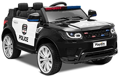 Playkin COP CAR 12V Batteria Auto della Polizia per Bambini 3-8 anni con Luci, Suoni, Telecomando per Bambini Giocattoli a Batteria Auto, Nero