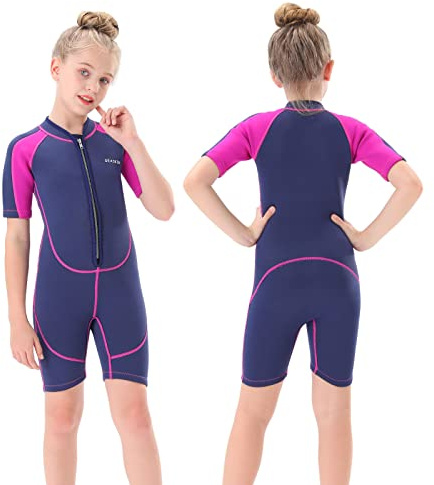 Seaskin Kids Wetsuit for Girls Toddlers, 2mm Front Zipper Shorty Wetsuits, Neoprene Thermal Swimsuits for Diving Surfing Swim Lessons Size 6