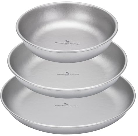 iBasingo Titanium Camping Plates Set Ultralight Shellow Side Dishes Ti1104T | Compact Stackable Metal Outdoor Tableware with Carry Bag for Steak Food Fruit Sauce, for Hillwalking Picnic Wild Camping