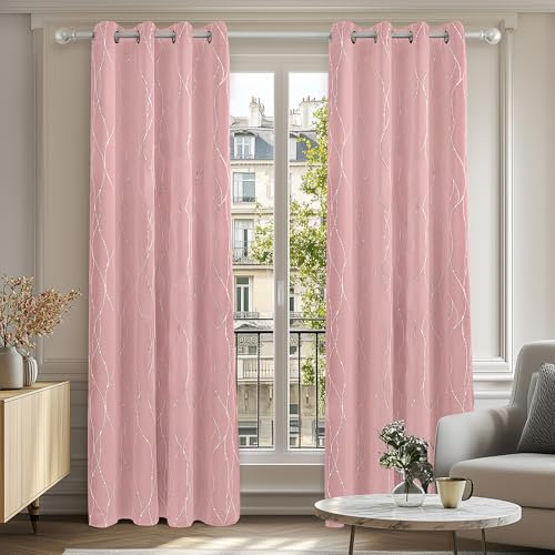 Deconovo Dot Line Decorative Super Soft Thermal Insulated Energy Saving Blackout Curtains for Living Room Coral Pink 46 x 72 Inch 2 Panels
