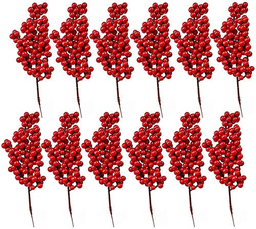 Christmas Red Berry Twig Stem, 12 Pack Artificial Red Berry Picks for Xmas Wreaths decorations, Christmas Tree Decorations, Crafts, Wedding, Holiday Home Decor (Red)