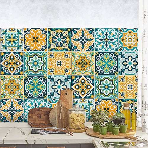 RE-COVERTILES - Adesivi per Piastrelle Bagno e Cucina 24 Pz 10x10 cm - PS00176 Decorazione murale in PVC impermeabile mattonelle mosaico stile cementine Azulejos