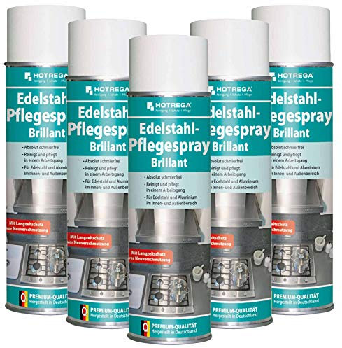 HOTREGA Edelstahl Pflegespray Brillant | Edelstahlreiniger | Edelstahlpflege | Edelstahl Pflege Reiniger (5x 500ml)