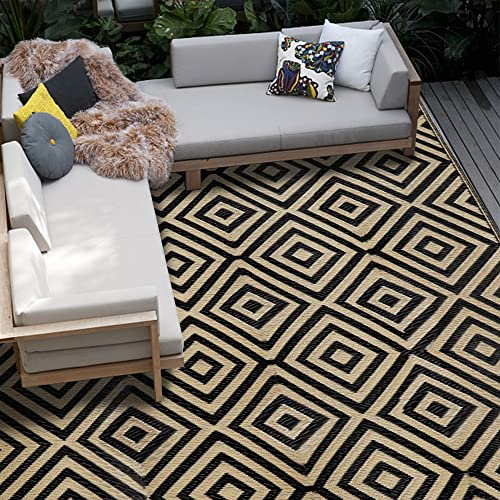 Ridota Wendbare Matten, Outdoor-Terrassen-Teppich, Kunststoff-Stroh-Teppich, moderner Bereich, Bodenmatte für Outdoor, Wohnmobil, Terrasse, Hinterhof, Camping (Diamantschwarz & Beige, 2.9x3.1 m)