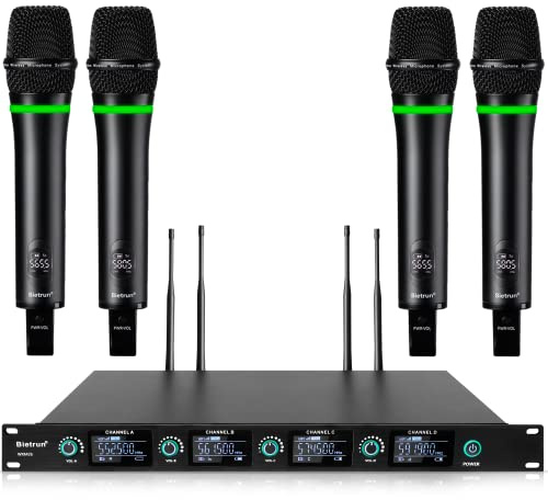 Bietrun 4-Channel Wireless Microphones System with 4 Rechargeable Handheld Mics, UHF Metal Dynamic Cordless Mics for Karaoke, Singing, Church, Family Theater(Auto Connect/295FT Range/Fixed Frequency)