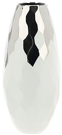 Hervit Vaso da Tavolo in Gres Bianco e Argento Effetto martellato 20x44 cm