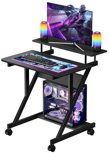 Dripex Bureau d'ordinateur Stable en Forme de Z avec roulettes, Informatique Mobile avec Étagères pour Petit Espace,Table d'Ordinateur pour et Domicile, 70x60x79CM - Noir