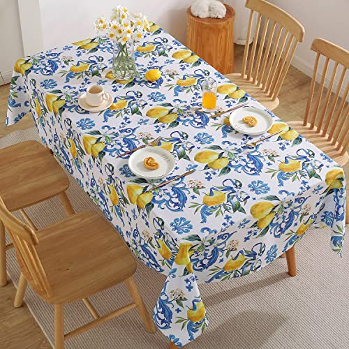 SASTYBALE Zitronen-Tischdecke, waschbar, Sommer-Tischdecke, Bedruckt mit Zitronenblüten, wasserdicht, auslaufsicher, Polyester, für Abendessen, Urlaub, Dekoration (rechteckig, 132,1 x 177,8 cm)