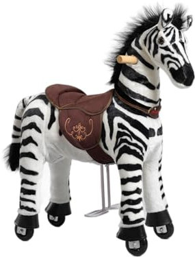 Ponnie Reitpferd mit Rollen Dixi Zebra S (3-6 Jahre), Spielpferd zum Reiten mit Abnehmbarer Braun Sattel und Halfter mit Zaumzeugund Kämmbare Mähne und Schwanz, Plüschpferd zum Reiten für Kinder
