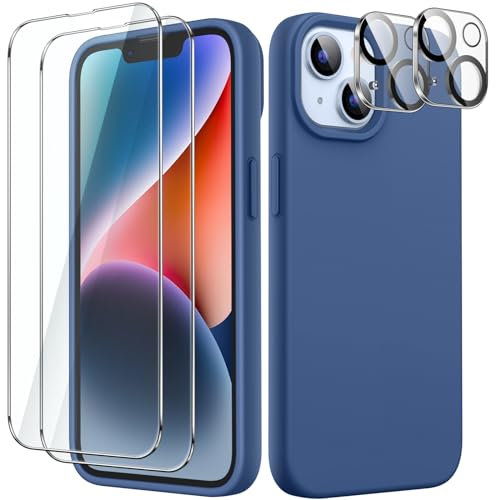 JETech 5 in 1 Cover Silicone per iPhone 14 Plus 6,7 Pollici, con 2 Pellicola Protettiva e 2 Protezione Fotocamera, Vetro Temperato Film a Copertura Totale, Custodia Antiurto (Blu Cobalto)