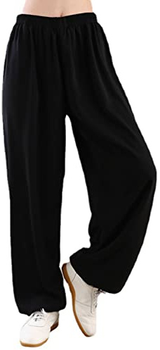 WoCOyo Taiji Training Hose Gemütlich Freizeit Chinesische Kampfkunst Tai Chi Kung Fu Qigong Shaolin Baumwolle Plus Seide Weite Beine Elastische Taille Tai Chi Kung Fu Hose für Damen Herren,001,XXS