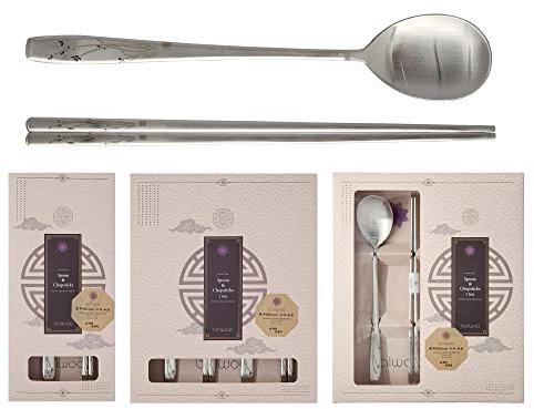 BALWOO [5 Sets] Orchid Design Korean Style Sticky Rice Spoon Chopsticks Set Silverware Set 304 Stainless Steel Cutlery Set Soup Spoon Ramen Chopsticks Flatware (5 Sets)