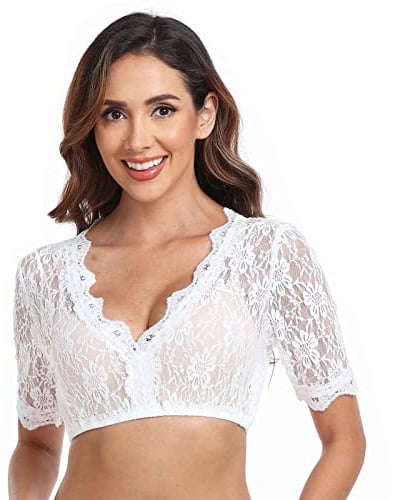 Jecarden Trachten Damen Dirndlbluse Spitze - Weiß Dirndlbluse Kurzarm Oktoberfest Dirndlblusen Halbarm Tracht Bluse 44