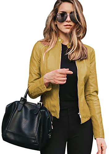 Peuignao Giubbotto Ecopelle Donna Giacca Similpelle Giubbino Giacche Ecopelle Giacca Biker Jacket Faux Leather Jacket Donna Giacca Finta Pelle Sintetica Donna Stand-up Curvy Primavera Giallo 3XL
