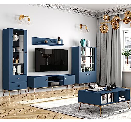 Wohnwand Wohnzimmermöbel dunkelblau 5-teilig Modern, 1 Vitrine, 1 Highboard, 1 Lowboard, 1 Couchtisch, 1 Wandboard inkl. LED-Beleuchtung