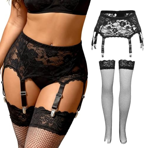 comeondear Ensemble Porte Jarretelle Sexy Femme Dentelle Grande Taille | Porte-Jarretelles avec 6 Pinces Réglable avec Bas Autofixants Résille Guepiere Jarretières Lingerie