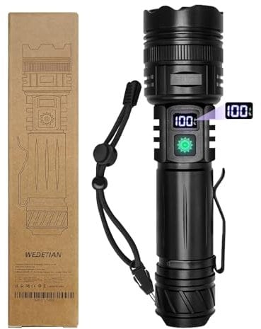 WEDETIAN Lampe Torche LED Rechargeable 5000mAh, Lampes Tactique de Poche Ultra Puissante en Aluminium, Zoomable 5 Modes D'éclairage, IP65 Étanche Pour Camping Randonnée Urgence