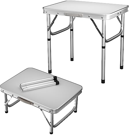 Vandise Klapptische 60CM Klappbarer Campingtisch Höhenverstellbar 10~20 cm, Tragbarer Aluminium Kleiner Klapptisch mit Tragegriff für Strand, Picknick, Kochen, Festival, Innen, Außen, Büro (Weiß)