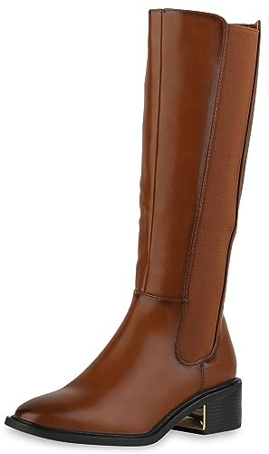 VAN HILL Damen Klassische Stiefel Blockabsatz Basic Klassisch Schuhe 840543 213096 Hellbraun 38