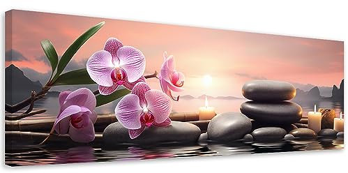 Feeby Bilder Orchidee Spa Zen 150x50 cm 1 tlg Modern Leinwandbilder Bild auf Leinwand Kunstdruck Wand Bild Wanddeko Design Schlafzimmer Büro Flur Hotel Spa Wohnzimmer Steine Kerzen Wasser Violett