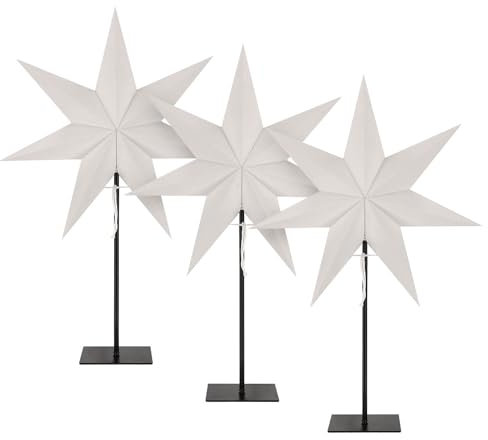 LED Universum - Papier Weihnachtsstern Tischleuchte Standstern weiß, Metallfuss, Dekostern mit Kabelschalter, E14 Fassung, 51cm Höhe (weiß/schwarz - eckiger Fuß, 3 Stück)