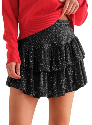 Pailletten Rock Damen Y2K Kurze Rüschen Pailletten Faltenrock Minirock A Linie Hohe Taille Skaterrock Party Club Mädchen Hosenrock Glitzer A-Linie Tanzrock mit Sicherheits Short Ballet Tutu Tanzkleid
