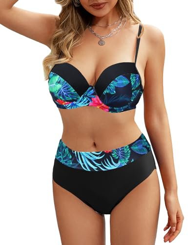 Rayson Maillot de Bain Femme 2 Pieces Elégant et Rembourré Push up Bandeau Bikini Maillots Deux Pieces Imprimé Floral Bikini Ensemble Femme(Feuille Verte, M)