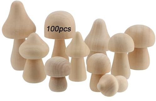 MOUYAT 100 setas de madera sin terminar, 10 tamaños de madera natural con forma de hongo para bricolaje, manualidades, proyectos de arte, decoración del hogar