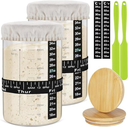 Sauerteig-Starter-Set mit Datumsanzeige, Thermometer, Spatel, Stoffabdeckung und Deckel, einfach zu bedienen und zu reinigen, komplettes Sauerteig-Starterglas, 2 Stück