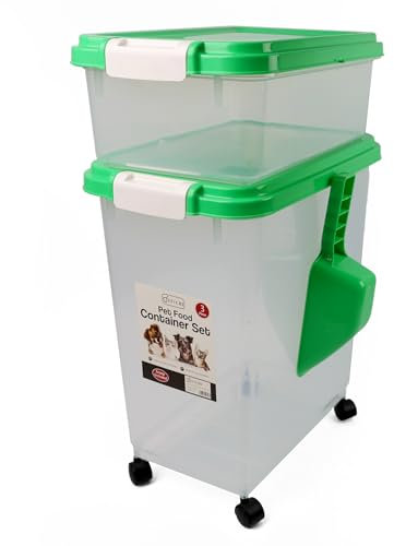 DIVCHI 3-Piece Airtight Pet Food Storage Container With Plastic Measuring Scoop Treats For Pet Dog Cat Animal Dry Food Dispenser With Casters Wheels (GREEN)