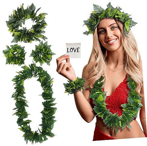 Hawaiian 4pcs in 1 Party Artificial Leaves Garland Tropical Green Hawaiian Headband Necklace Bracelet Fancy Decorations for Simulate Beach Luau Party