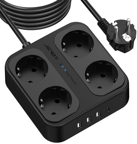 JSVER Ciabatta Multipresa 4 Prese, Presa Multipla 3 porte USB A e 1 USB C con Interruttore, Multipresa Protezione Contro le Sovratensioni Cavo di Prolunga da 5M per l'home office(Nero)