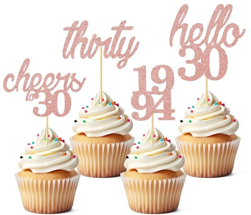 24 Stück Frau 30. Geburtstag Cupcake Topper, Cake Topper 30 Geburtstag, Tortendeko 30 Geburtstag, Cake Topper Geburtstag von 1994, Hello 30 Tortendeko, 30 Geburtstagsdeko, Kuchendeko (Rose Gold)