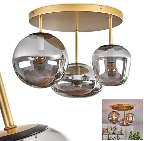 HOFSTEIN Deckenleuchte Zernez, Deckenlampe aus Metall/Glas in Goldfarben/Rauchfarben, Leuchte im modernen Industrial-Design mit Schirmen aus Glas (Ø 19,5 cm; 22 cm; 14 cm), 3 x E14, ohne Leuchtmittel