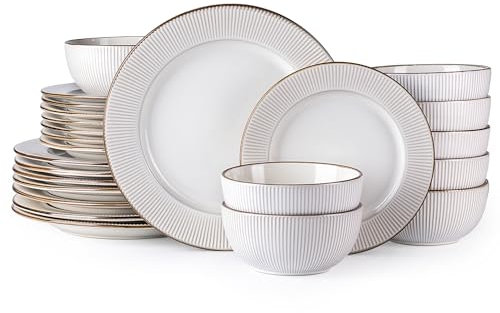 GBHOME Juego de vajilla de cerámica, 24 piezas de platos y cuencos de gres elegantes en relieve, regalo de boda de inauguración de la casa, apto para lavavajillas y microondas, juego de platos para 8