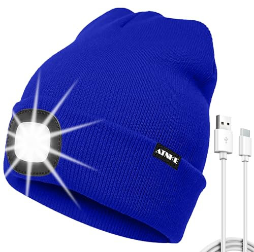 ATNKE LED Mütze mit Licht, USB Typ C Wiederaufladbare 4 LED Beleuchtete Laufmütze Extrem Heller Lampe Winter Warme Stricken Mütze für Herren und Damen Geschenke/Blue