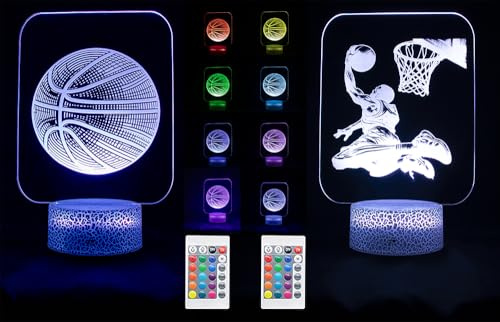 2er Set 3D Sport Nachtlicht für Kinder und Erwachsene, LED Lampe mit 16 Farben, Fernbedienung und Touch, USB oder Batteriebetrieb, Deko Licht für Schlafzimmer, Geburtstag-Weihnachten (Basketball Mann)