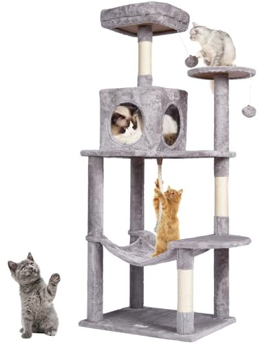 VEVOR Arbre à Chat, 143 cm, Tour d'escalade à Chats avec griffoir en sisal, Niche, hamac, perchoir supérieur, Plates-Formes de Saut, balles suspendues, pour activités d'intérieur Chats, Gris Clair