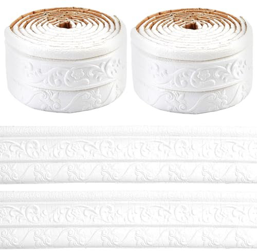 GORGECRAFT 2Rolls 2.3mx8cm Peel and Stick Wall Molding Trim White Wallpaper Border Self Adhesive 3D Floral Wall Edging Foam Baseboard Skirting Border Decal Tile Trims for Hallway Ceiling Corner Decor