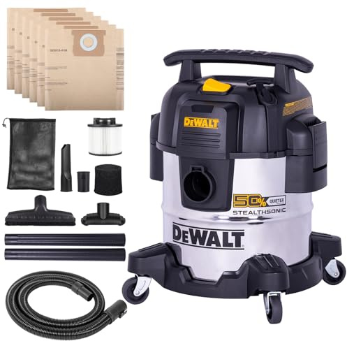 DEWALT Stealthsonic Shop Staubsauger nass und trocken, ultra-leiser Edelstahl-Shop-Staubsauger, 4 PS Hochleistungs-Staubsauger mit komplettem Zubehör-Set und 6 Staubbeuteln für Zuhause, Werkstatt