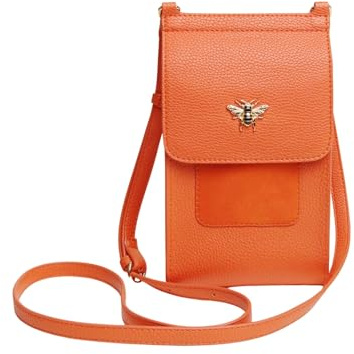 Alice Wheeler Mini Bloomsbury Crossbody Phone Bag – Vegan Leather – Magnetic Closure – Adjustable Strap – Bee Detail – 21 x 12 x 2.5 cm – Orange