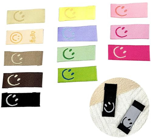 Hayaww 60 pcs Handmade Stoffetiketten Handemade Label zum einnähen Handgefertigte Etiketten Paket Nähzubehör Mit liebe Genäht Annähen Einnäher Web Label Etikett nähen labels Smiley-Gesicht Etikett (A)
