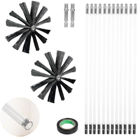 ZLLZPZD 4.8m Deshollinador de Chimeneas,Ø150mm Limpiza Chimeneas con 12 Varillas Flexibles 410mm,Kit Limpia Chimeneas Cepillo con 2 Cabeza de Cepillo,Escobilla Chimenea para Leña Chimeneas/Secador