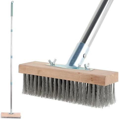 Escoba de alambre con mango de 55 pulgadas de largo, cepillo de cerdas resistentes para exteriores, limpiador de pisos de cerdas rígidas de acero inoxidable para limpiar musgo, manchas resistentes en