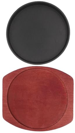 TOBBOMEY Plancha de Hierro Fundido Gruesa Sartén para Fajitas Bandeja de Madera Antiadherente Placa Redonda para Parrilla y Cocina de Gas o Inducción 21 Cm Adecuado Cocina Casera