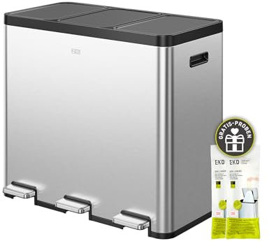 EKO Essential Poubelle à 3 compartiments, 3 x 20 l, système de tri sélectif, poubelle de cuisine, avec 20 sacs poubelles, grande capacité avec couvercle, fermeture douce et hermétique, en acier