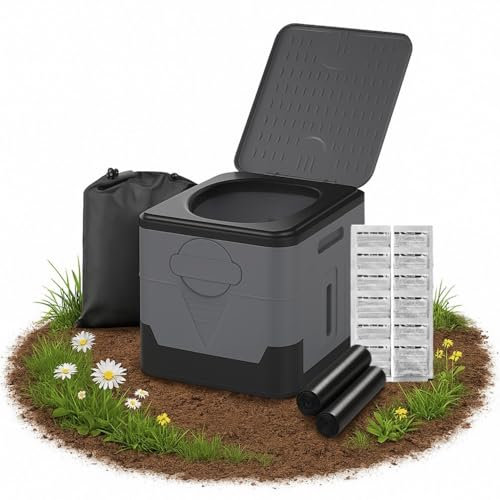Faltbare Campingtoilette mit Deckel, tragbare Reisetoilette für Erwachsene, inkl. Toilettenbeuteln, Gerinnungspulver, Aufbewahrungstasche, Wohnmobiltoilette für Picknick, Wandern, Angeln, Farbe Grau
