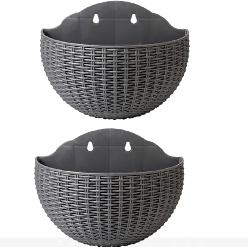 2 Stück Wand Blumentopf, Blumenampel, Blumentopf Hängend für Innen Außen, Halbrunder Rattanimitat Hängetopf für Pflanzen mit Ablaufauslass und 4 Haken, Wandvase für Garten, Zaun, Terrasse (Gray)