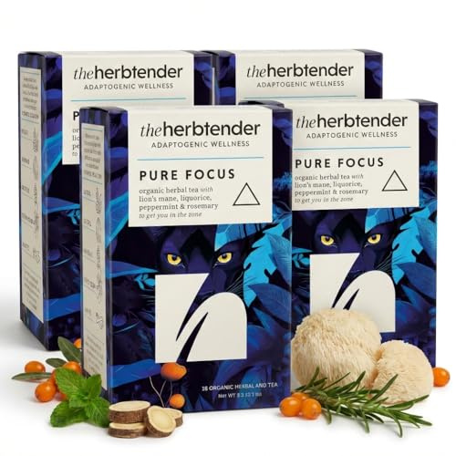 Pure Focus Organic Rosemary Tea – Herbal Liquorice Tea with Peppermint, Spearmint & Lion’s Mane – 72 x Caffeine Free Herbal Tea Bags Individually Wrapped – Flavoured Organic Teas Box